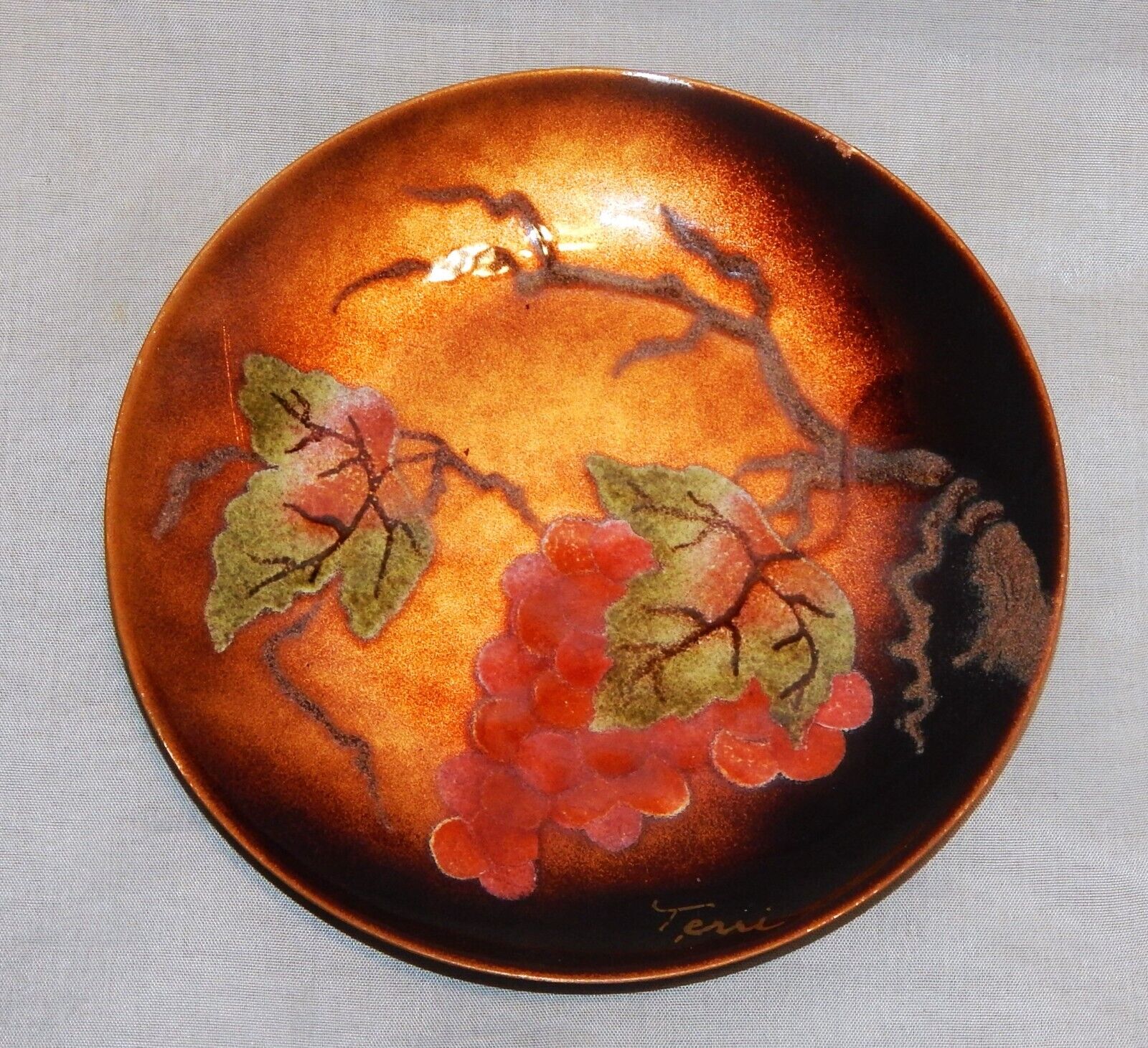 Vintage Bovano of Cheshire Conn. Enamel on Copper Plate with Grapes signed Terri