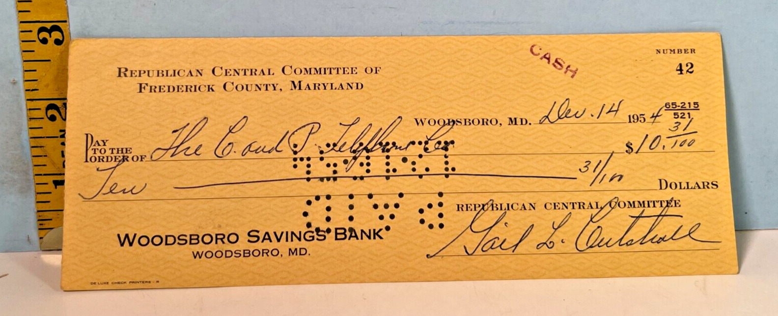1954 Republican Central Committee of Frederick County Maryland Canceled Check