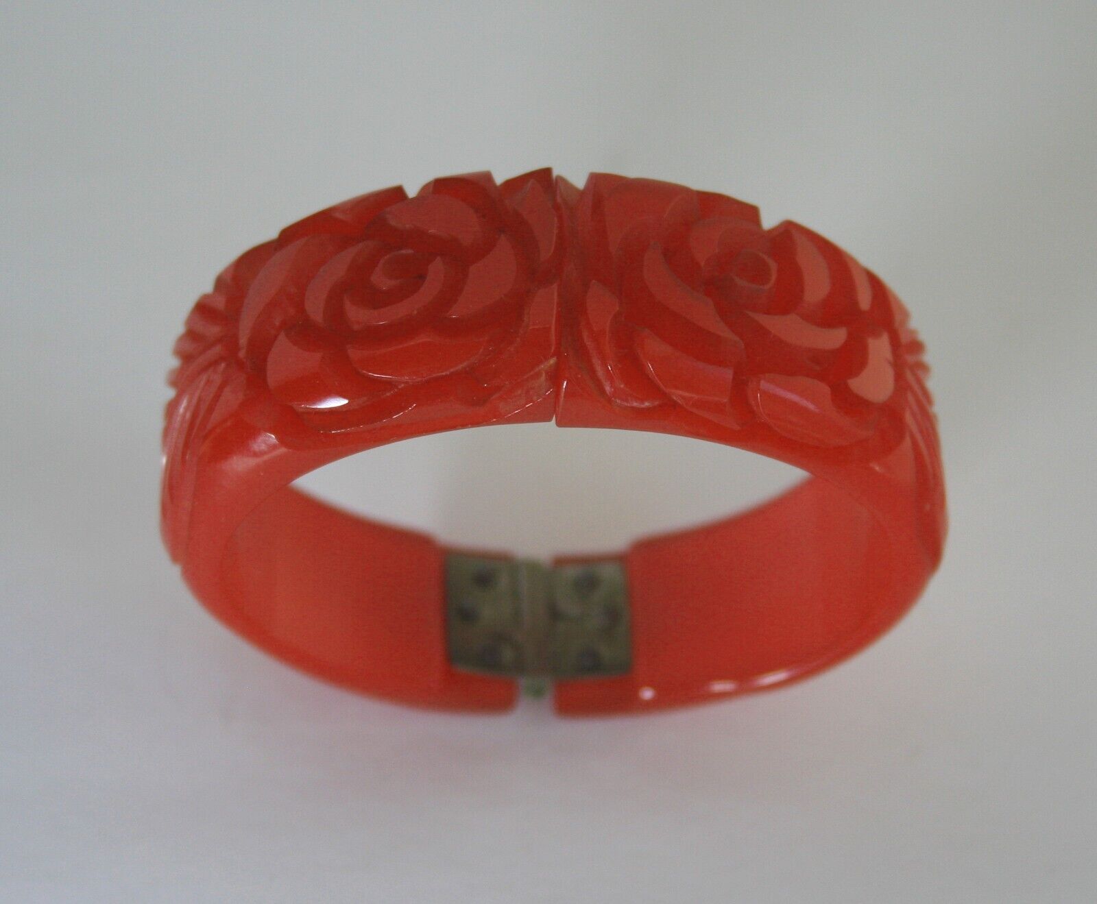 Vintage Carved Semi Translucent Red Bakelite Hinged Clamper Bracelet - Roses