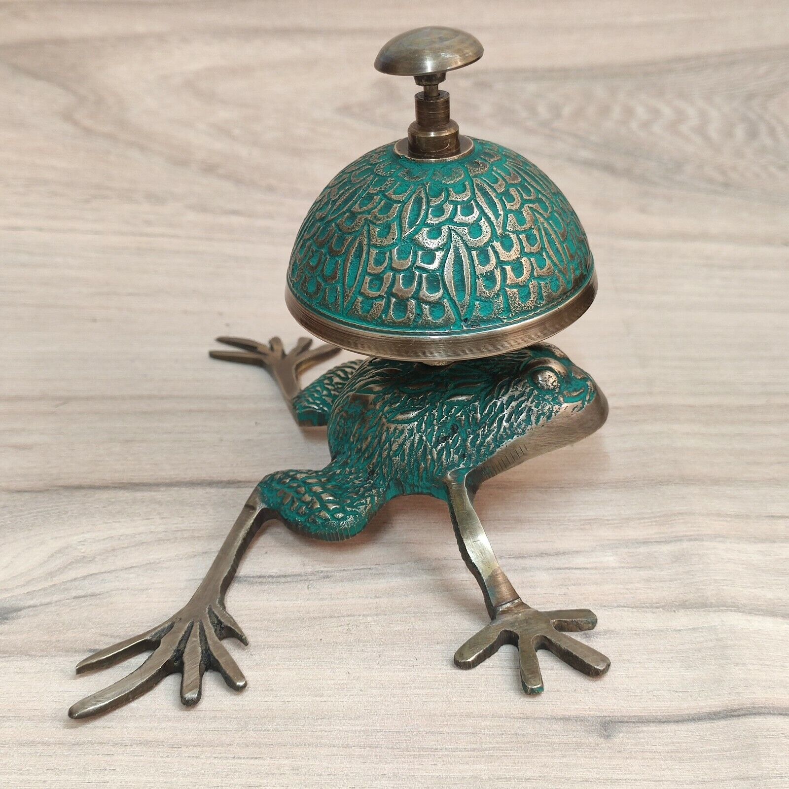 Brass Frog Style Green Antique Desk Bell Designer Collectible Gift TableTop Item