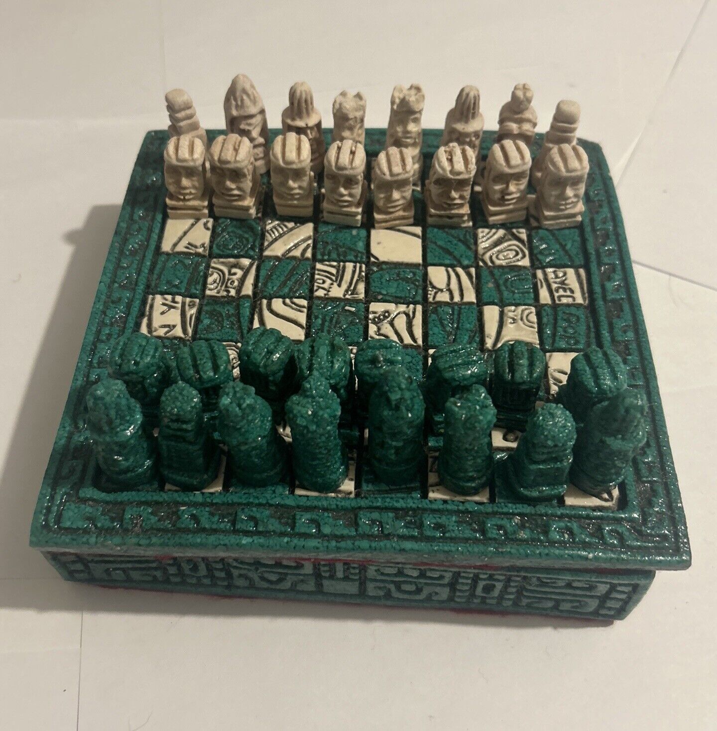 Vintage Mayan/Aztec Conquistador resin Chess Set Green/Cream Resin