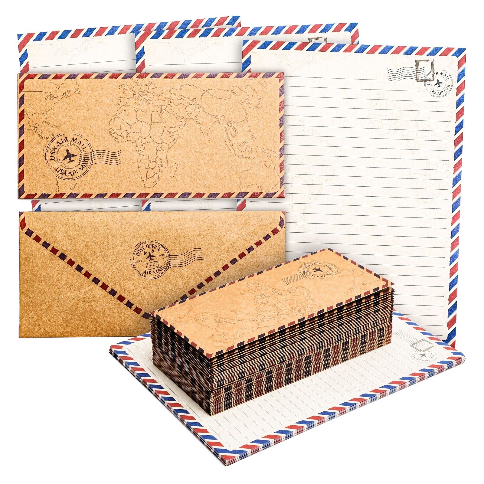 96 Pack Vintage-Style Airmail Stationery Set, 48 Lined Paper Sheets, Envelopes