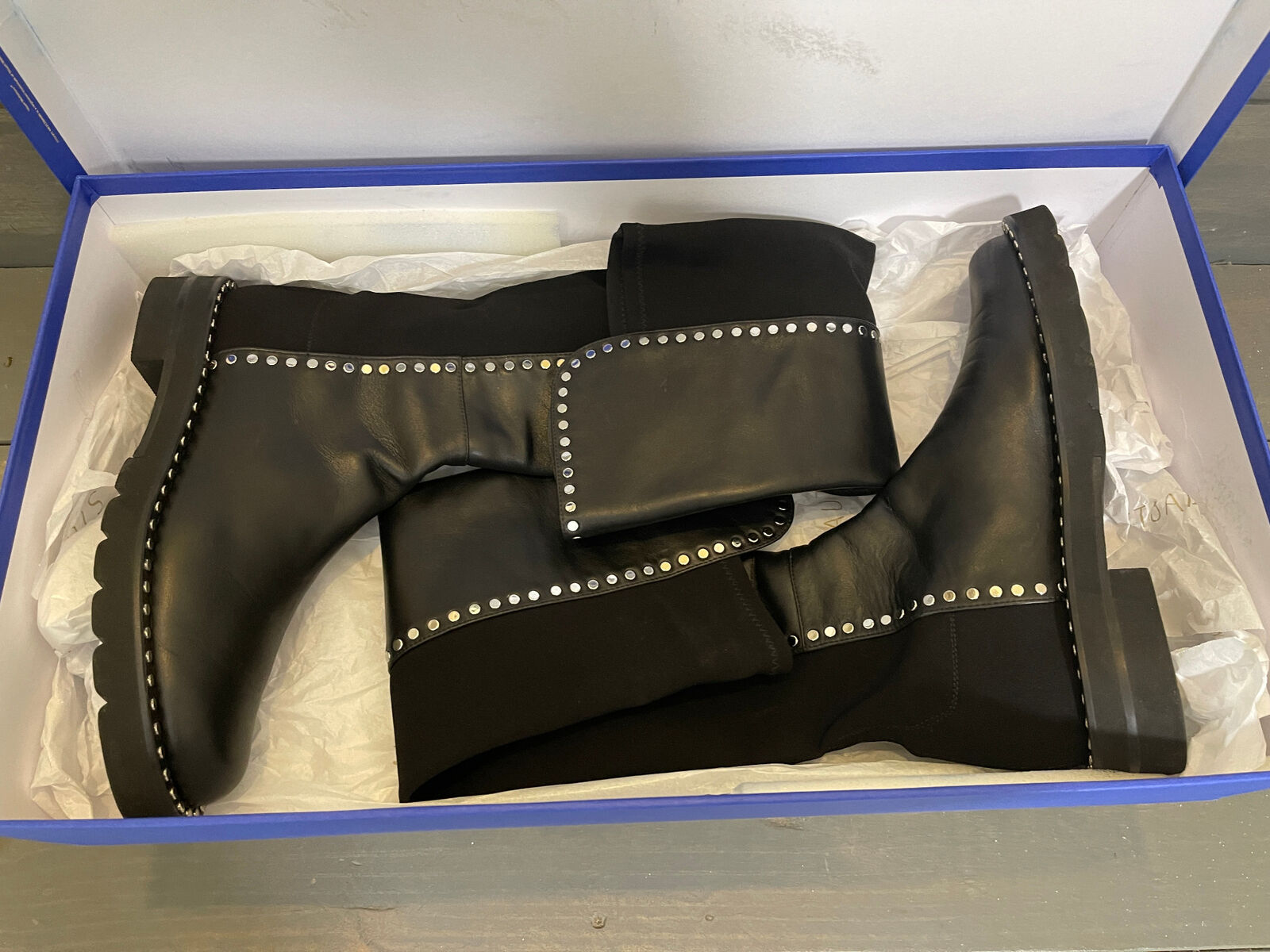New, Stuart Weitzman Black Leather Boots with silver studs, 8.5 Size, With Box