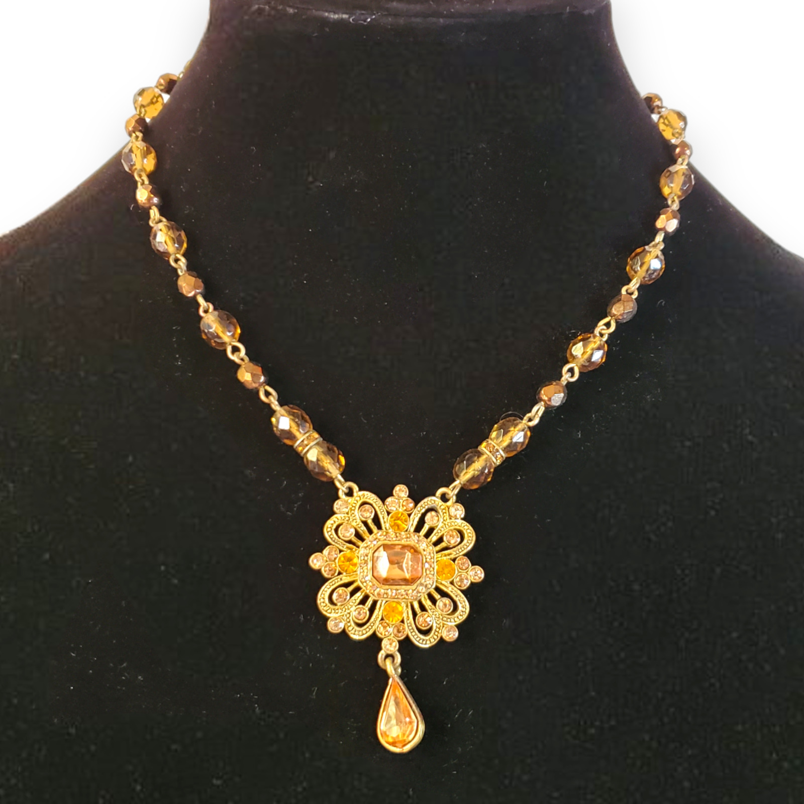 VTG Art Deco Style Necklace Amber Beads Gold-Tone Pendant 19\