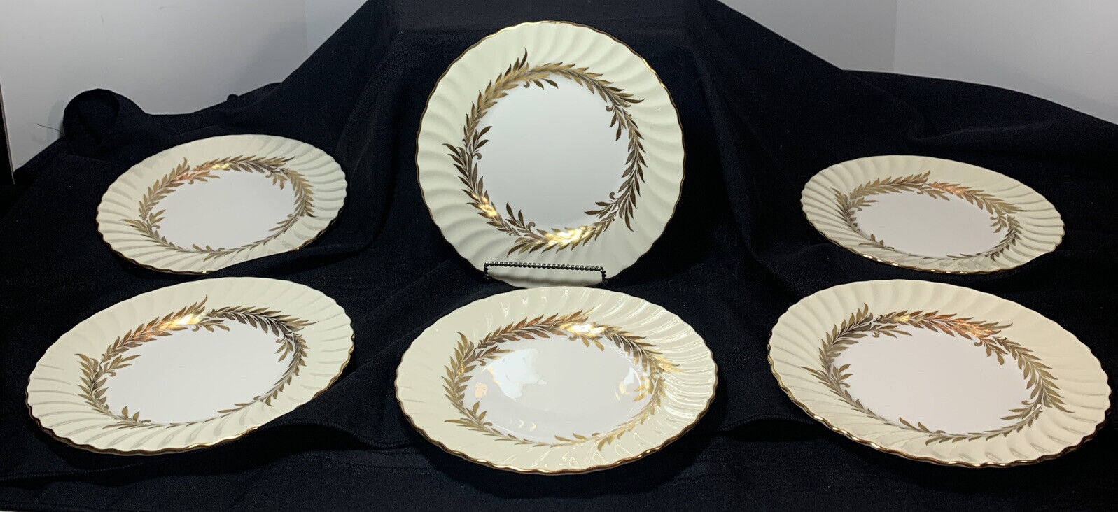 6 Minton Golden Symphony Salad Plates White with Gold Rim & Leaves 8”