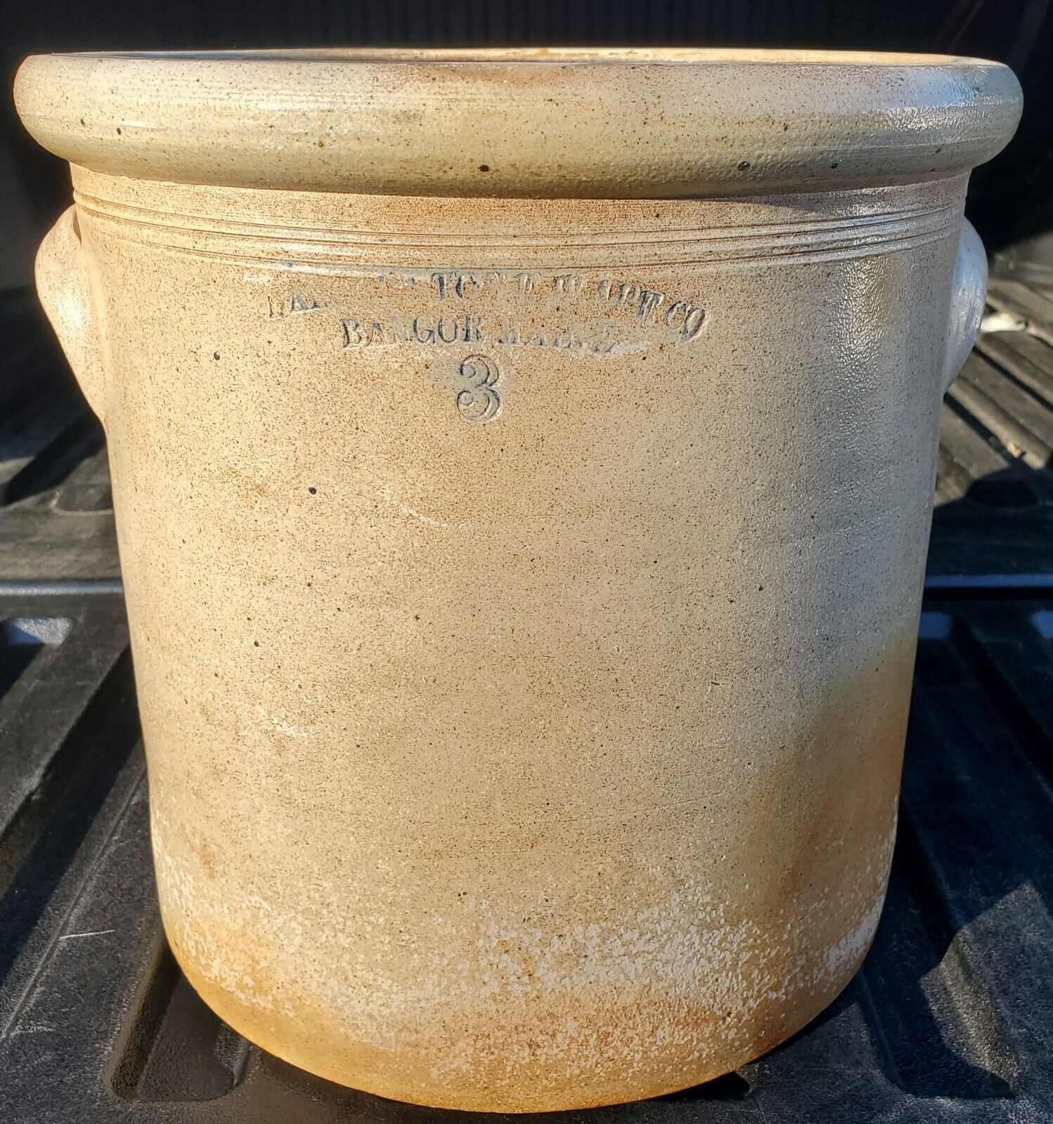 Antique Salt Glazed Crock Bangor Maine 3 Gallon 2 Handle Pottery Stoneware 