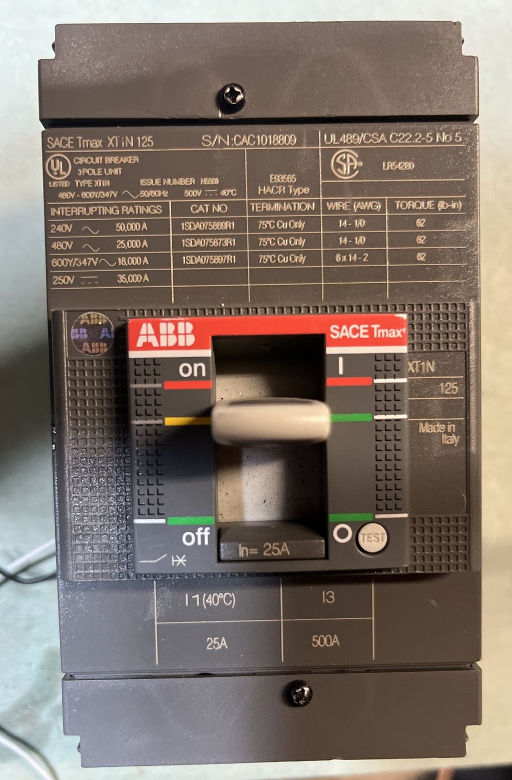 New ABB SACE TMAX XT1N 125 3P 25A-500A HACR Circuit Breaker Cleaned And Tested