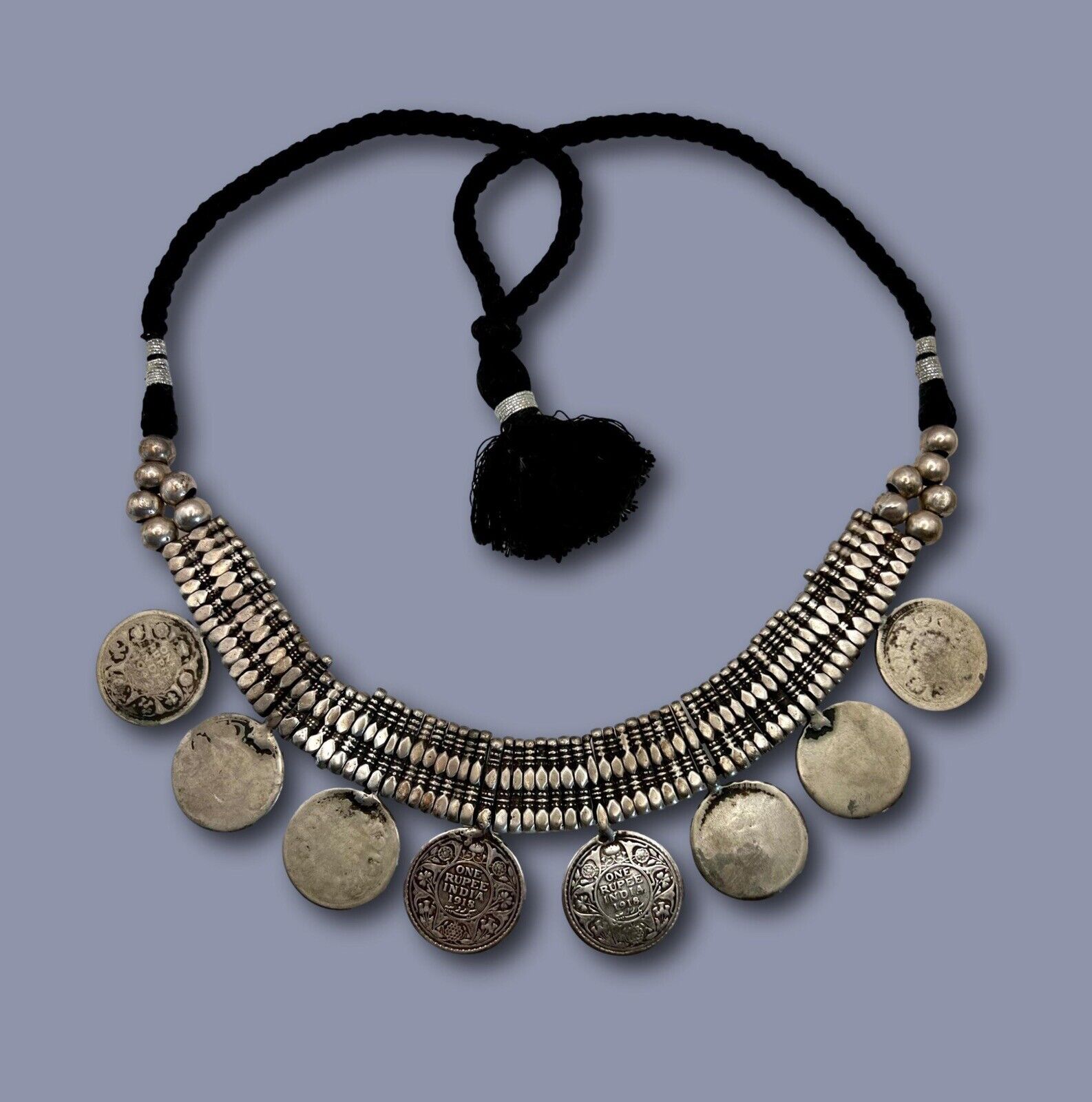 Early 20thC Indian Solid Silver Sliver Coin Necklace With  1918 Silver Rupees 