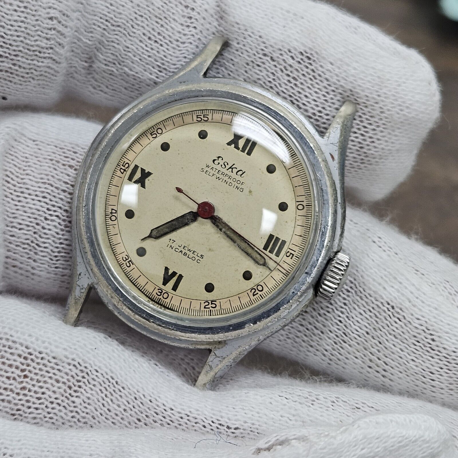 Vintage WW2 Eska Military Wristwatch SelfWinding 17 Jewels Watch Rare Steel