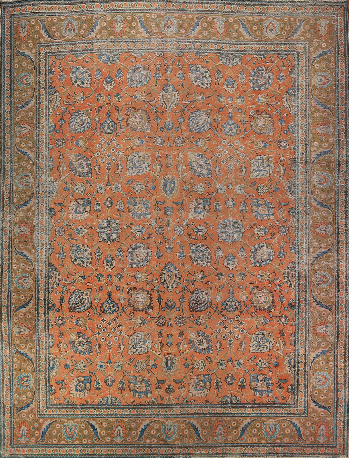 Vintage Orange Floral Tebriz Room Size Rug 10x12 Hand-made Traditional Wool Rug