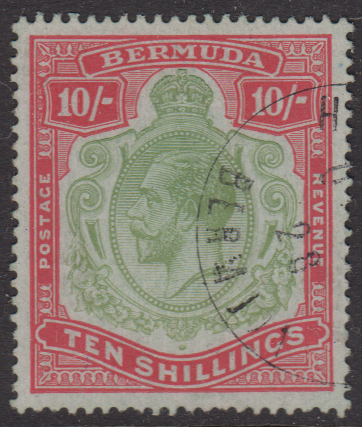 BERMUDA KING GEORGE V 1920 10/-, USED SG 54 SUPERB