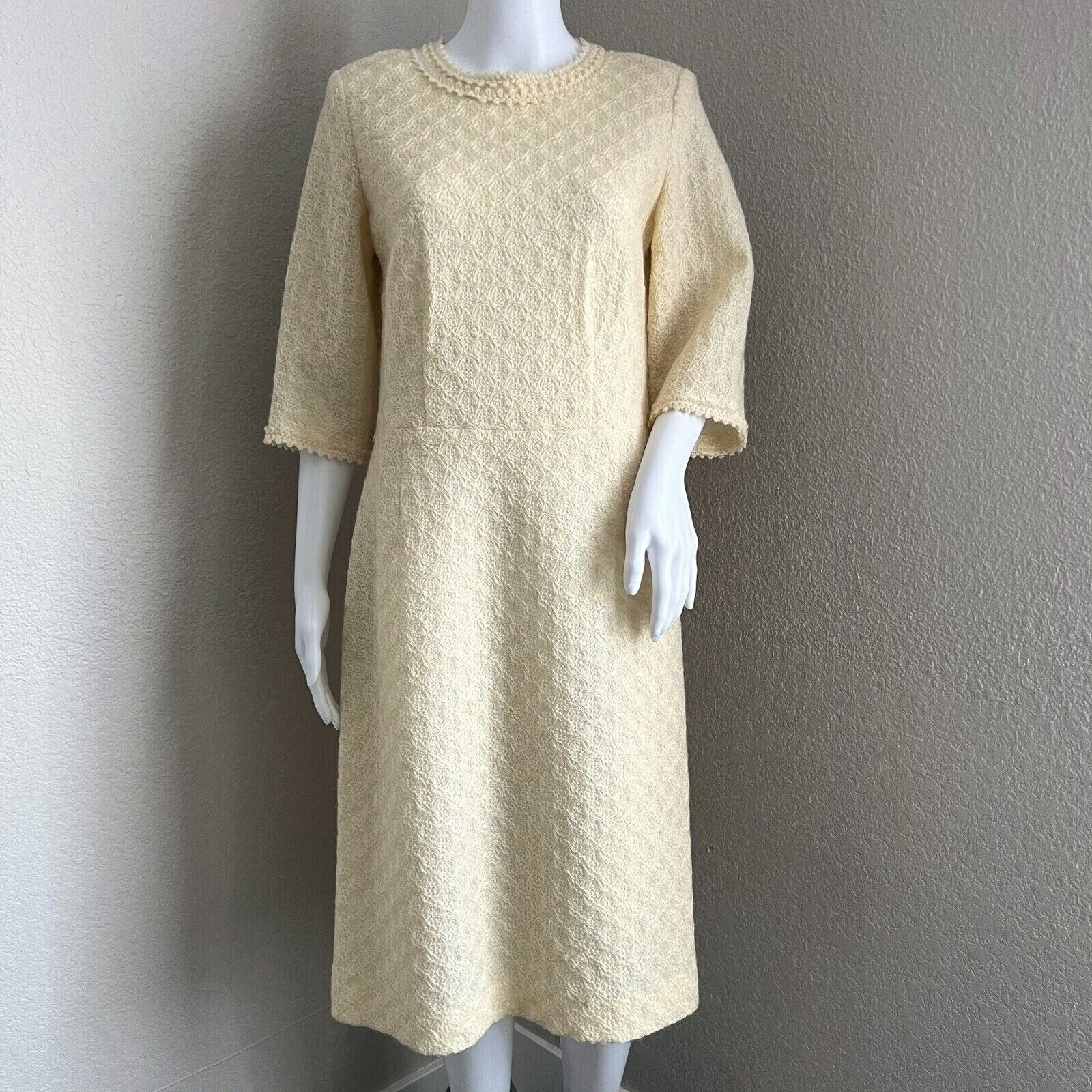 Vintage 1950s Adrian Tabin Women Dress Size 16 Ivory Crochet Overlay Mohair Wool