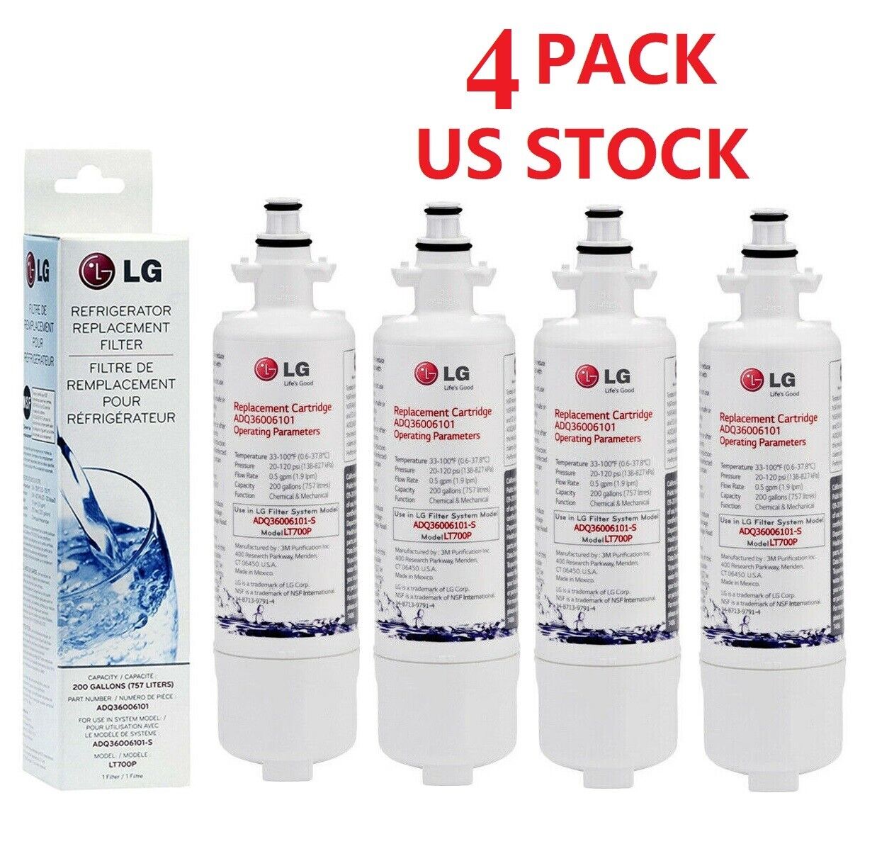 4 PACK LT700P Water Filter Fit LG LT700P ADQ36006101 Kenmore 9690 46-9690