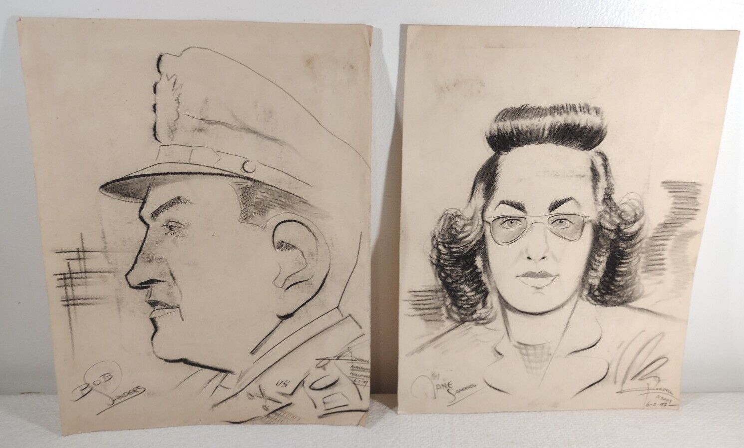 1947 Military Pencil Drawing MCM US Soldier Woman Man Amsterdam Signed 13x10 Vtg