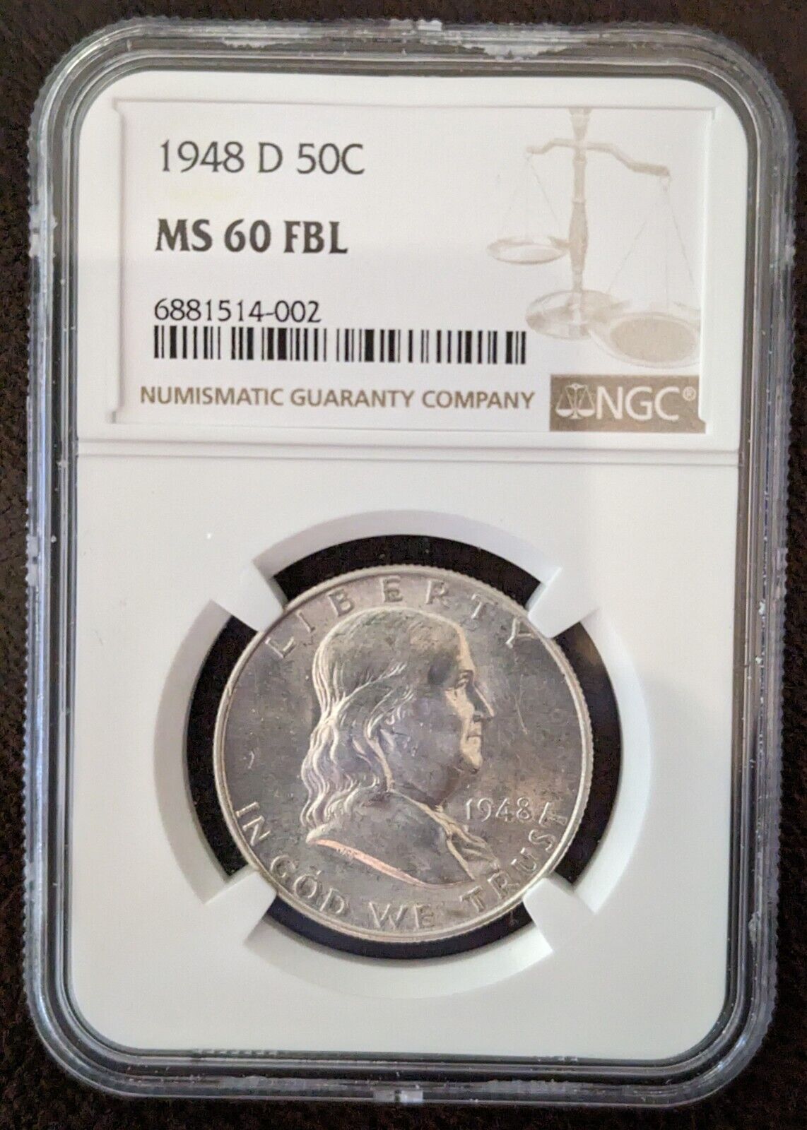 1948-D 50C Franklin  Silver Half Dollar NGC MS60 w/ Full Bell Lines