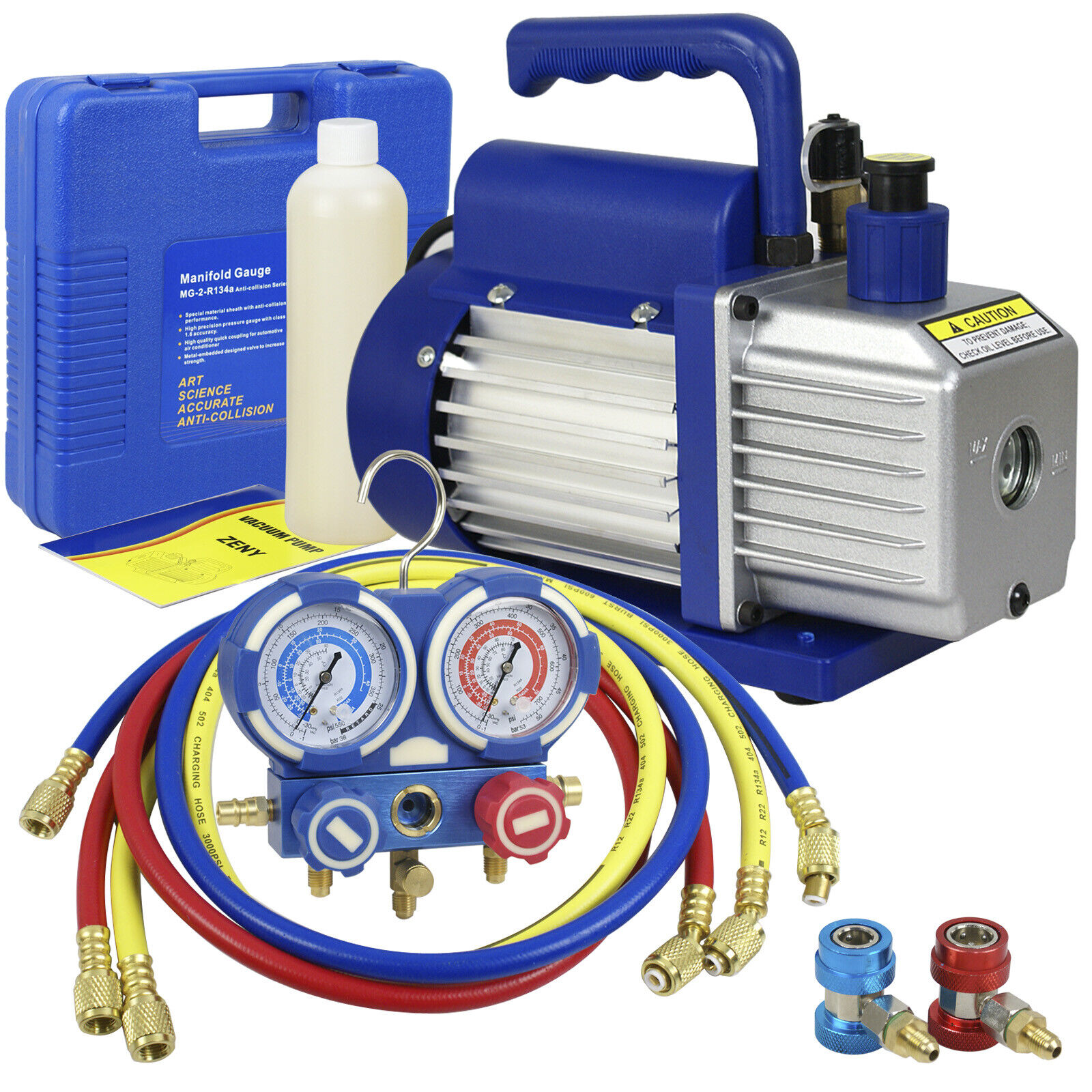 1/4HP Air Vacuum Pump 3,5 CFM Combo A/C Manifold Gauge R134A R410a R22 Kit Set 