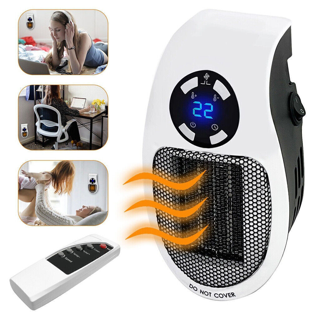 500W Mini Electric Heater Wall Plug Portable Ceramic Fan Timer Remote Control