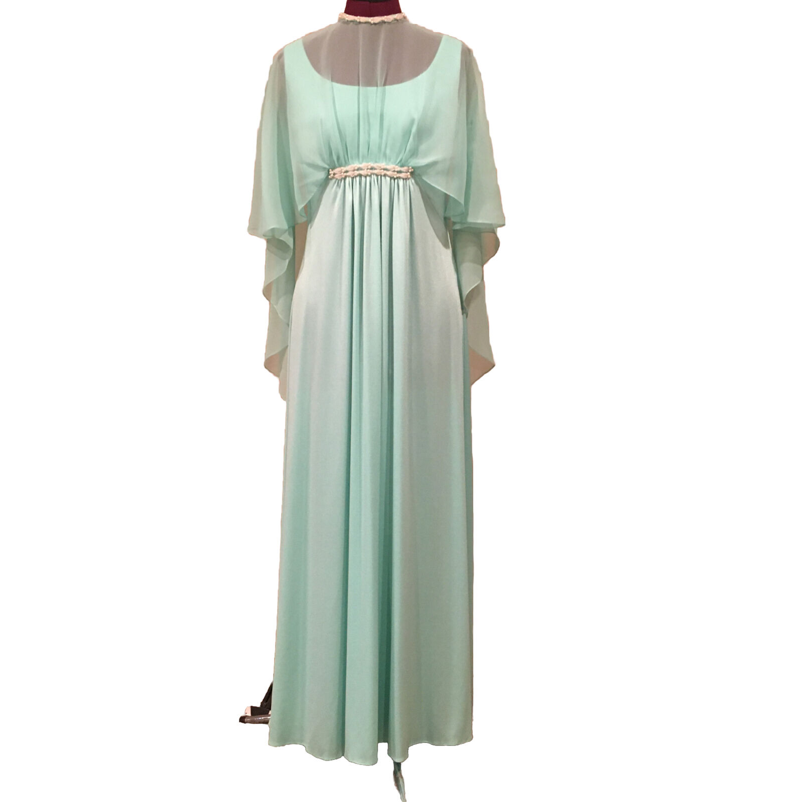 Vtg 70’s Emma Domb Long Maxi Chiffon Cape empire Gown Dress Green Pastel 12