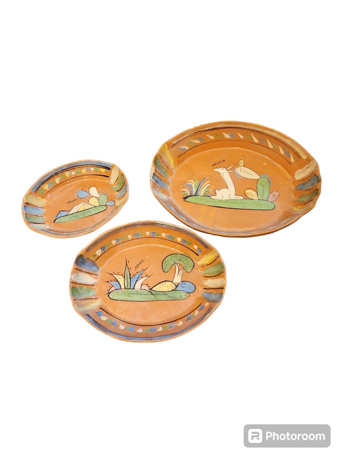 3 Vintage Mexican Folk Art Pottery Tlaquepaque Terra Cotta Oval Nesting Bowls