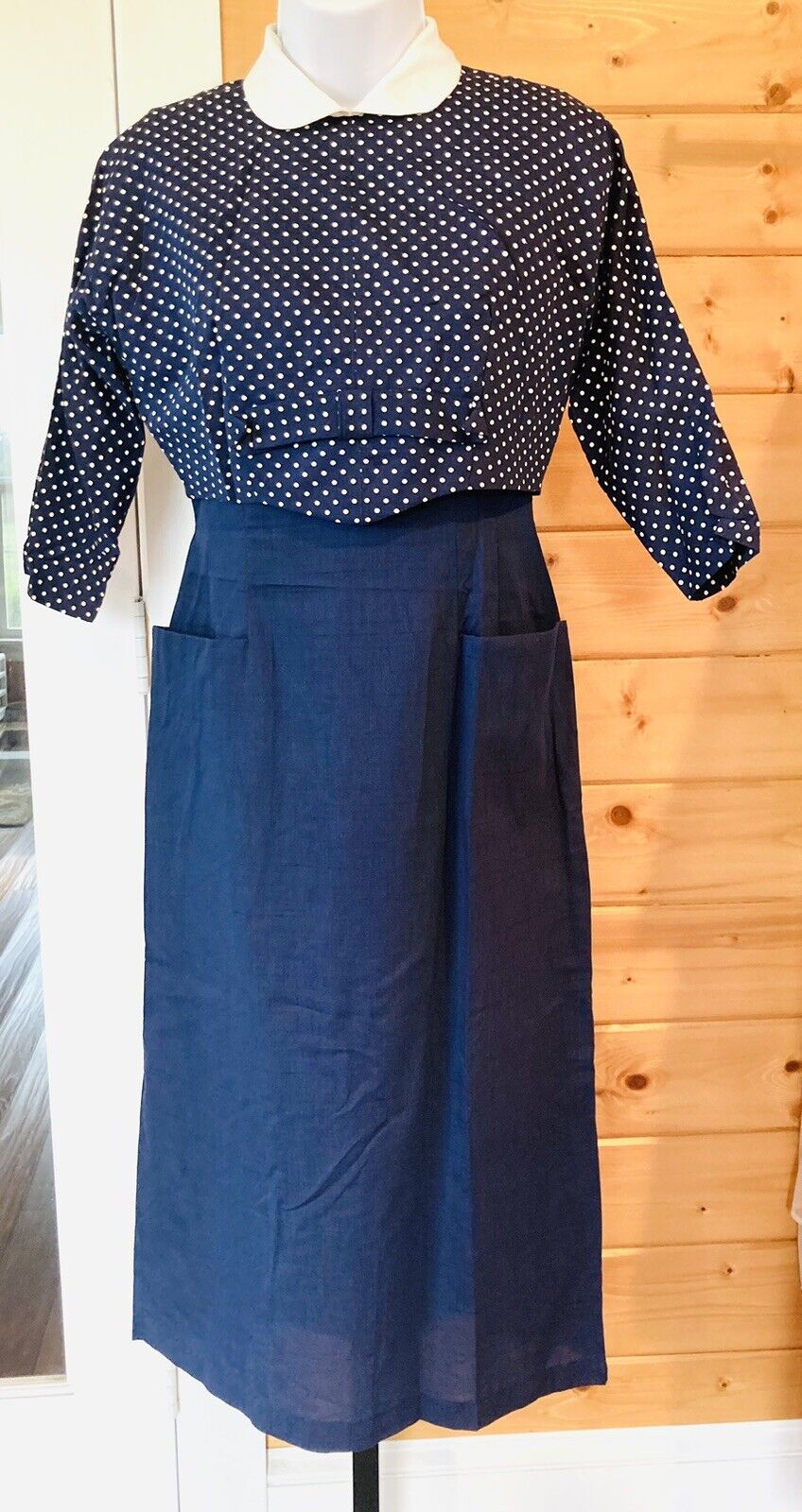 Vintage 1950s wiggle dress blue w white polka dots, bolero jacket B 34
