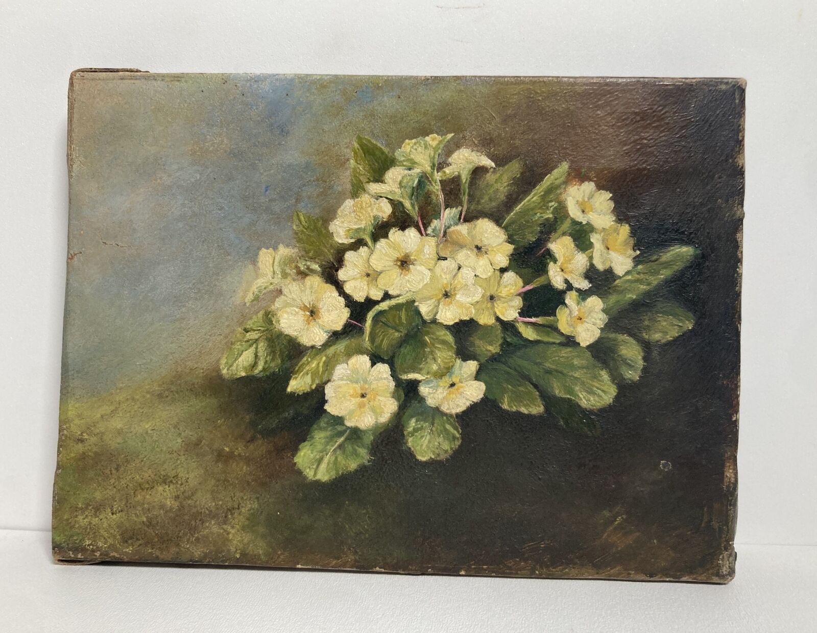 Antique Original Miniature Oil Painting Canvas -Still Life with Flowers -Signed