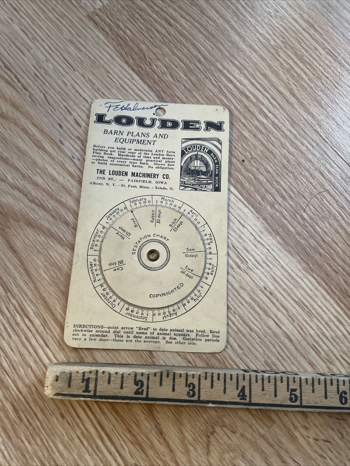 Vintage Louden Barn Equipment and Plan Service Adv Gestation Chart Fairfield IA