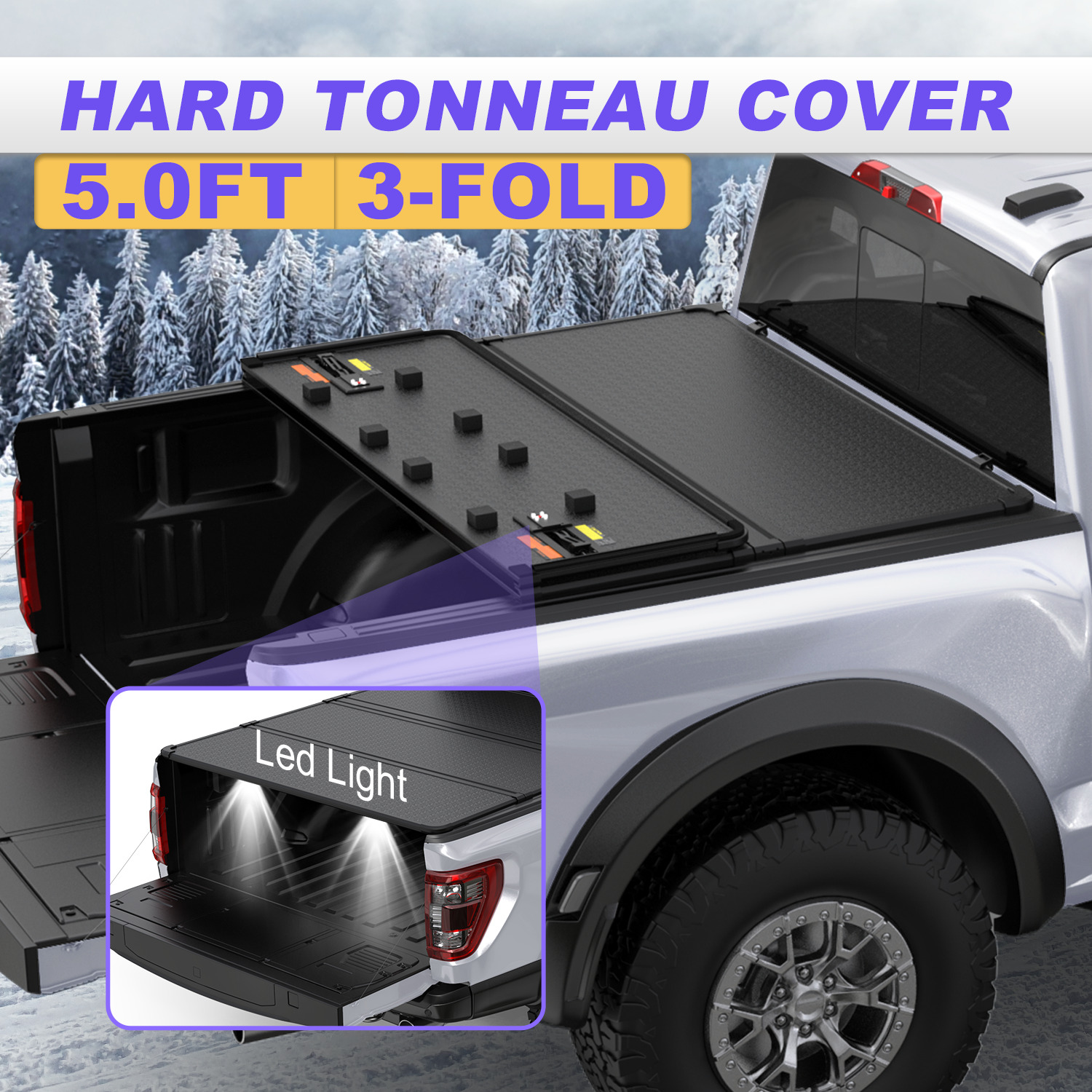 5FT Hard Tonneau Cover For 2019-2023 Ford Ranger Truck Bed Tri-Fold W / LED New