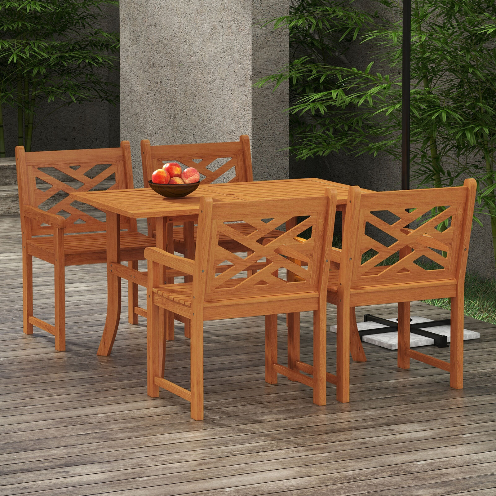 Outsunny Patio Table and Chairs Set of 4 w/ Slatted Top Table & Seat, Teak