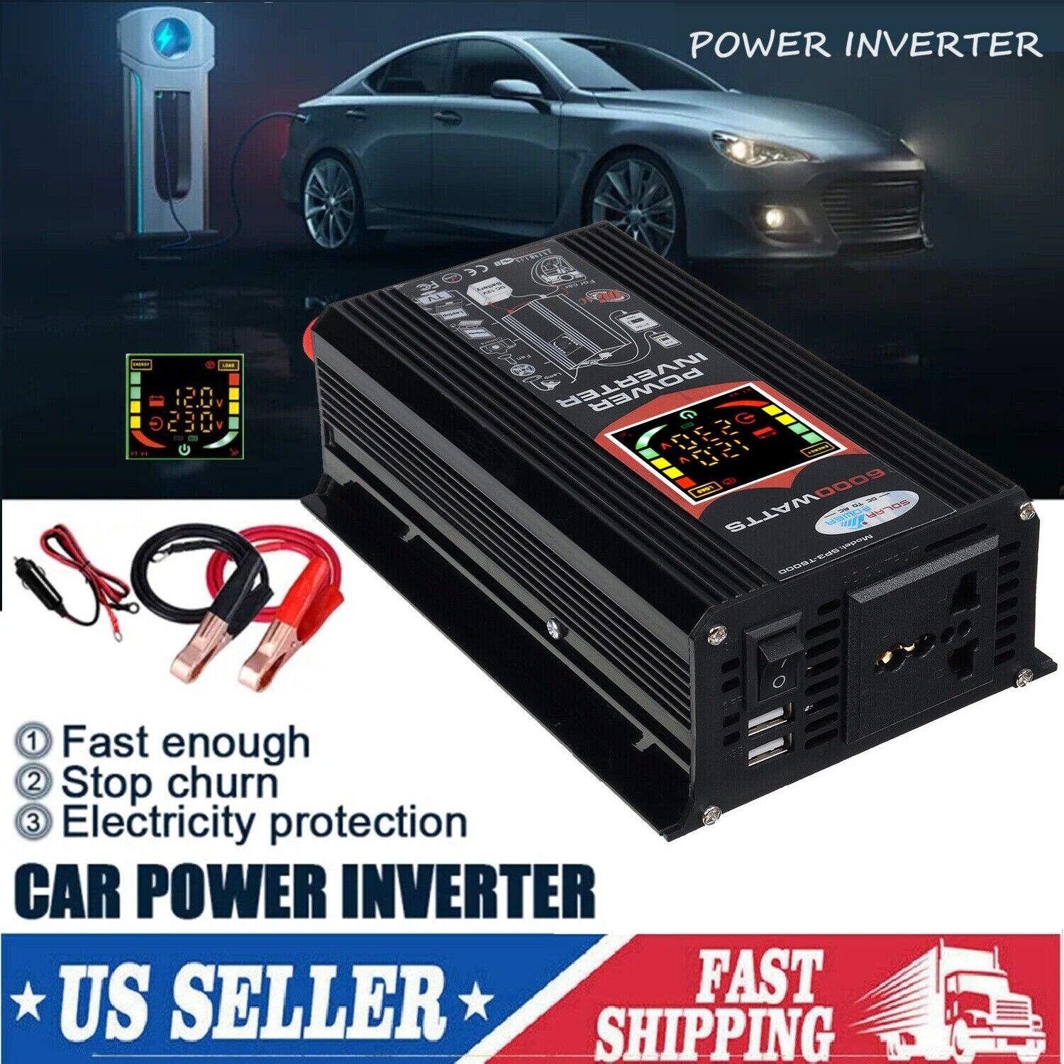 6000W Car Power Inverter DC12V ToAC11OV/220V Pure Sine Wave SolarConverter LCD