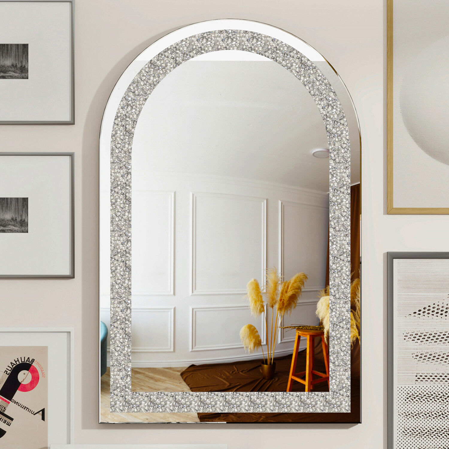 Wisfor Crushed Diamond Mirror Bling Crystal Wall Mounted  Bathroom Mirror Arched