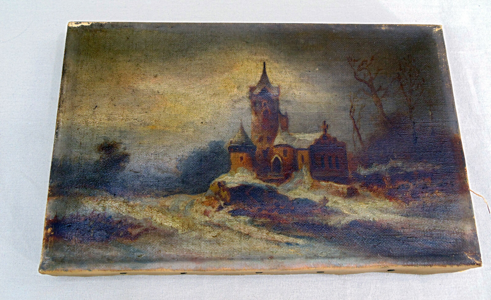 Antique Old Oil Painting On Canvas Russian ?? Church 9.5\