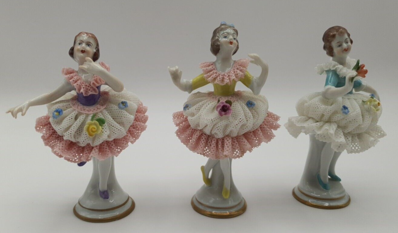 SET OF 3 Volkstedt 1762 Porcelain Lace Ballerinas GENUINE FLAWLESS