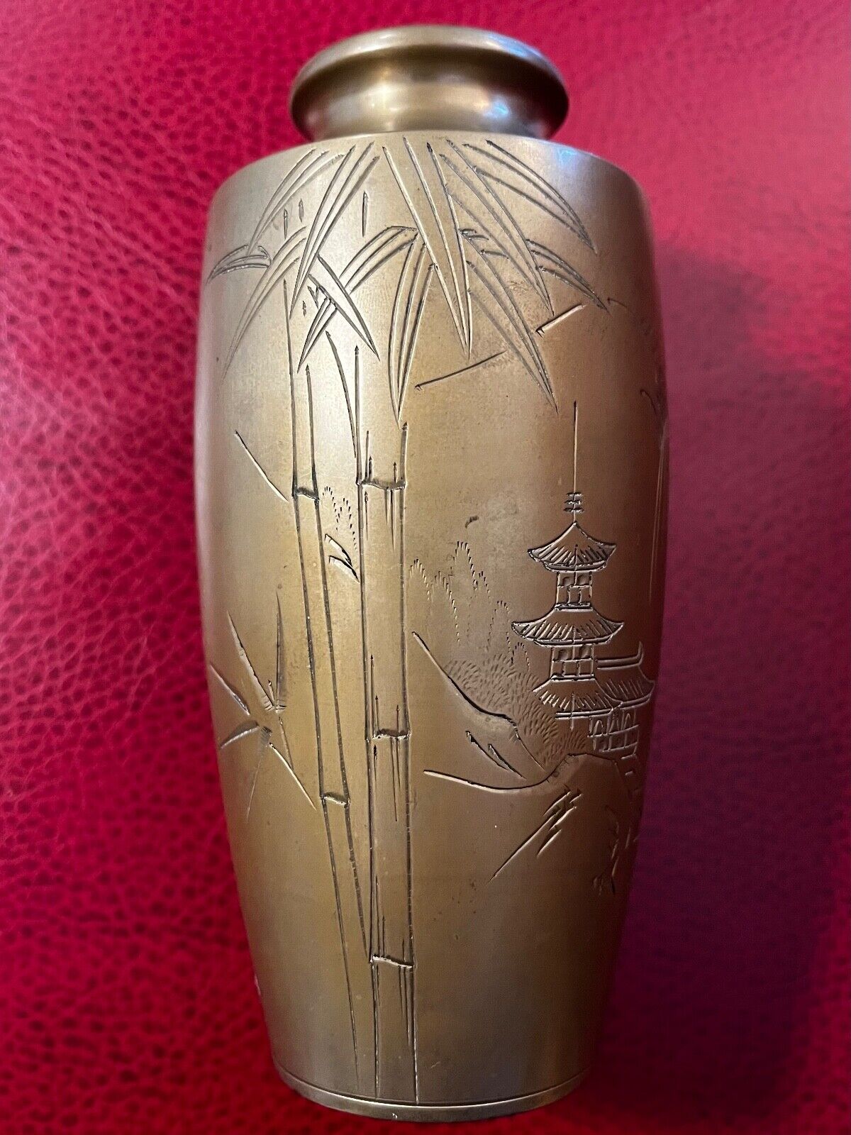 Antique Japanese Mallet Shaped Etched BrassVase c1910 Bamboo/Prunus Motif Signed