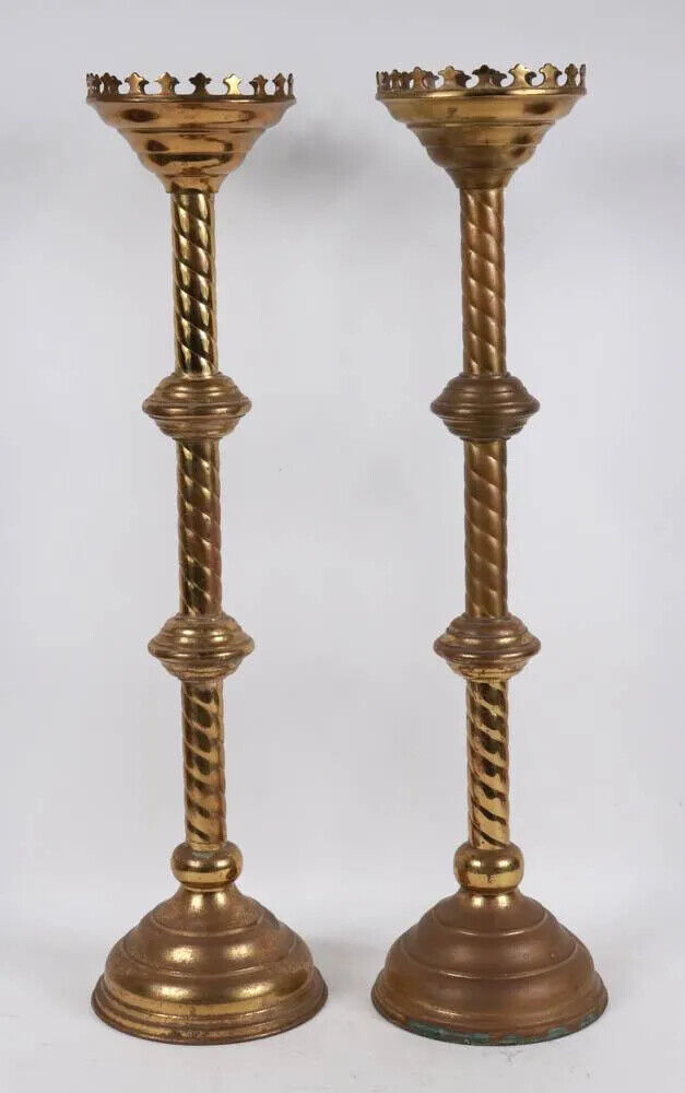 HUGE pair of antique gilded brass bronze rope style religious candle holders 
