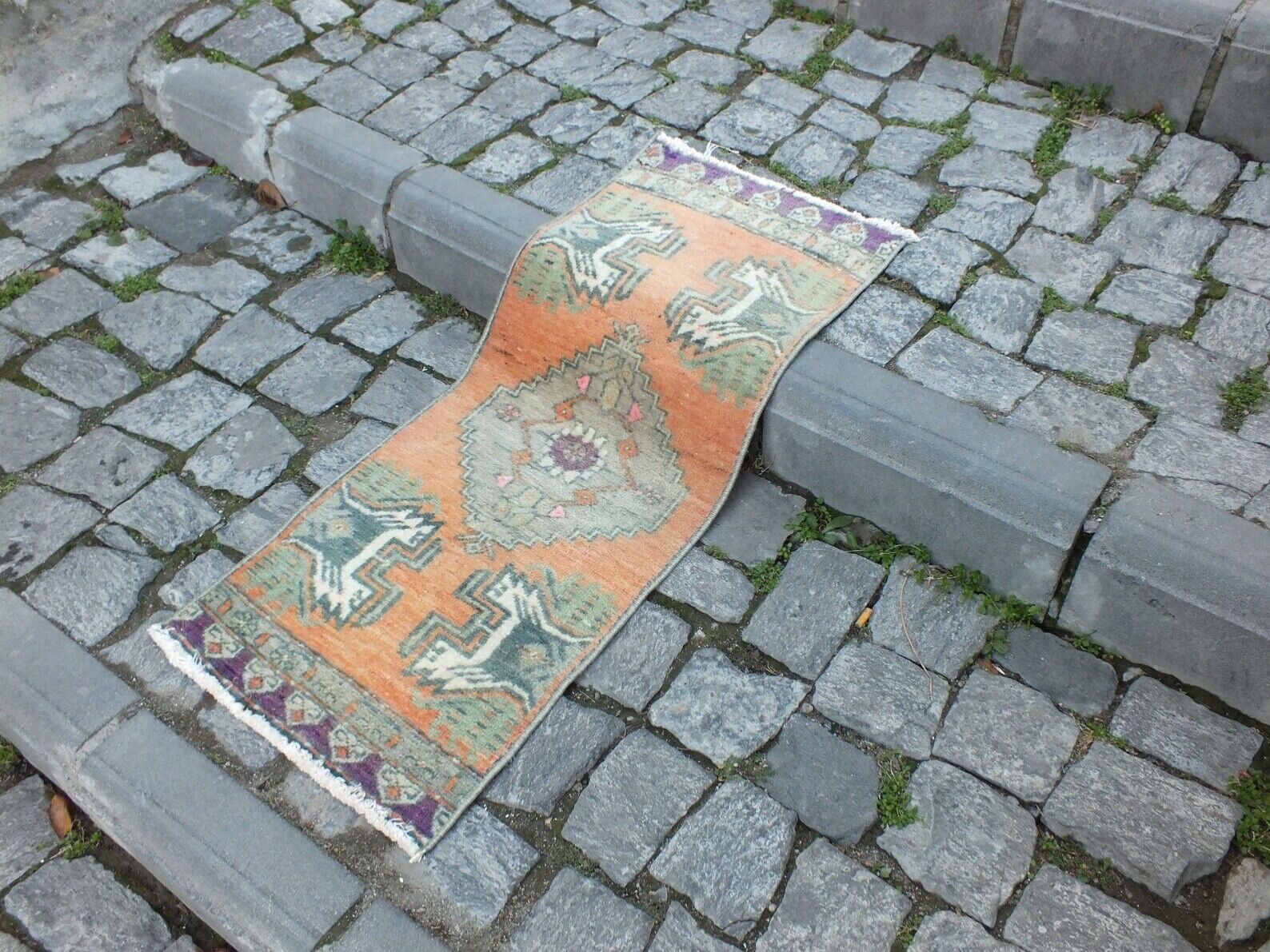 Turkish oushak small rug, handmade vintage doormat bohemian, 3.1 x 1.3 ft