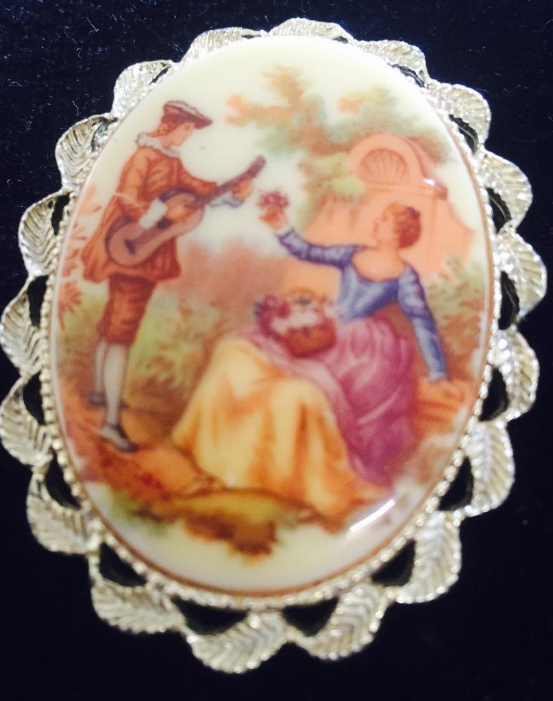 Gerry\'s Vintage Porcelain Pin with Gold Tone Romantic Antique Scene