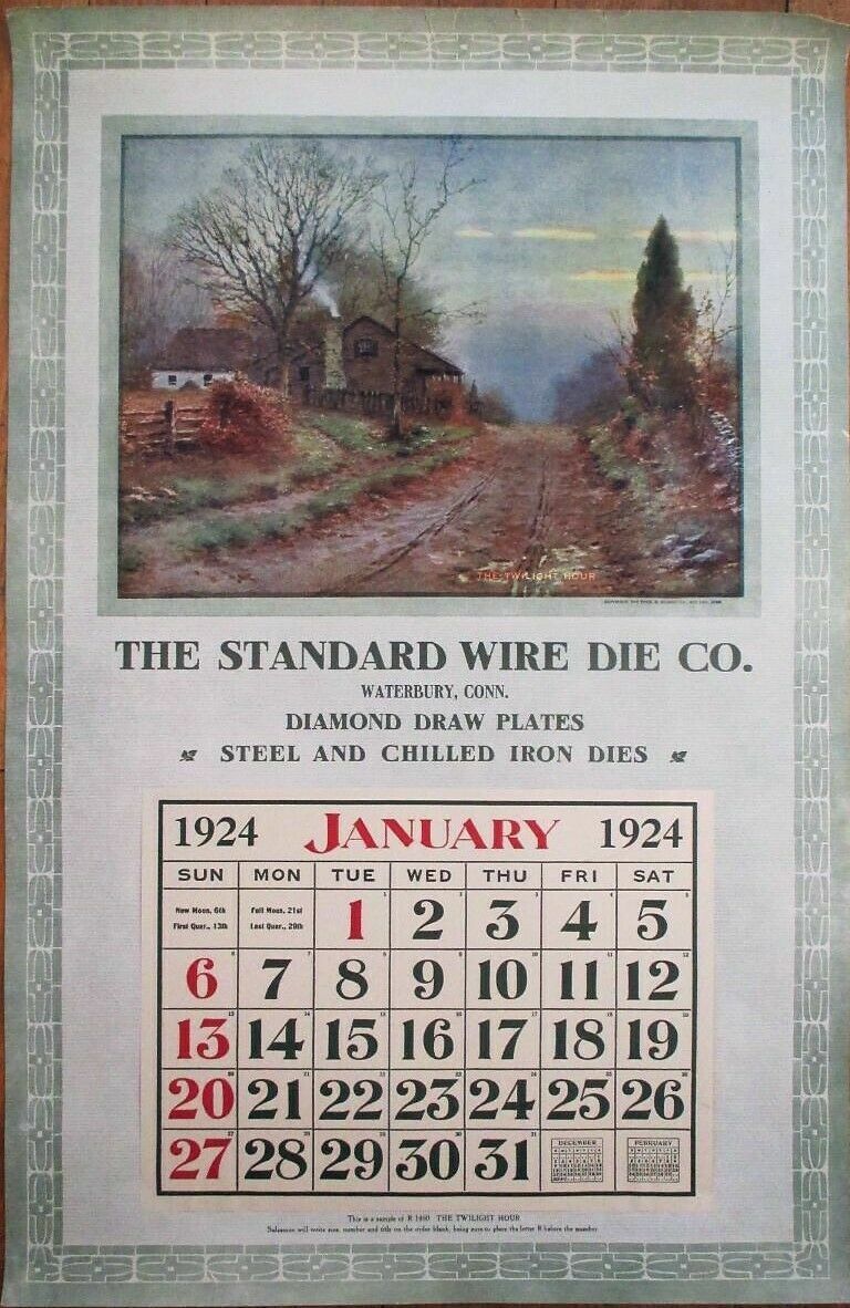 Waterbury, CT 1924 Advertising Calendar/16x25 Poster: Wire Die Co. - Connecticut
