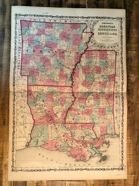Antique Colored MAP - ARKANSAS, MISSISSIPI & LOUISIANA / CA 1852 Johnson\'s Map