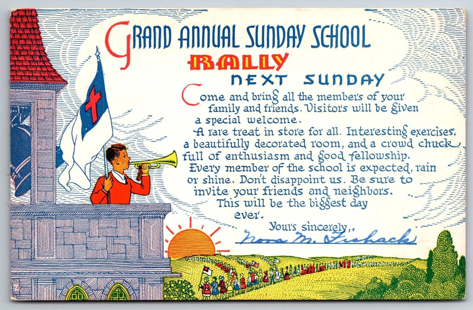 Rally Day Edgemont Maryland MD 1939 Sunday School Christian Flag Bells  Postcard