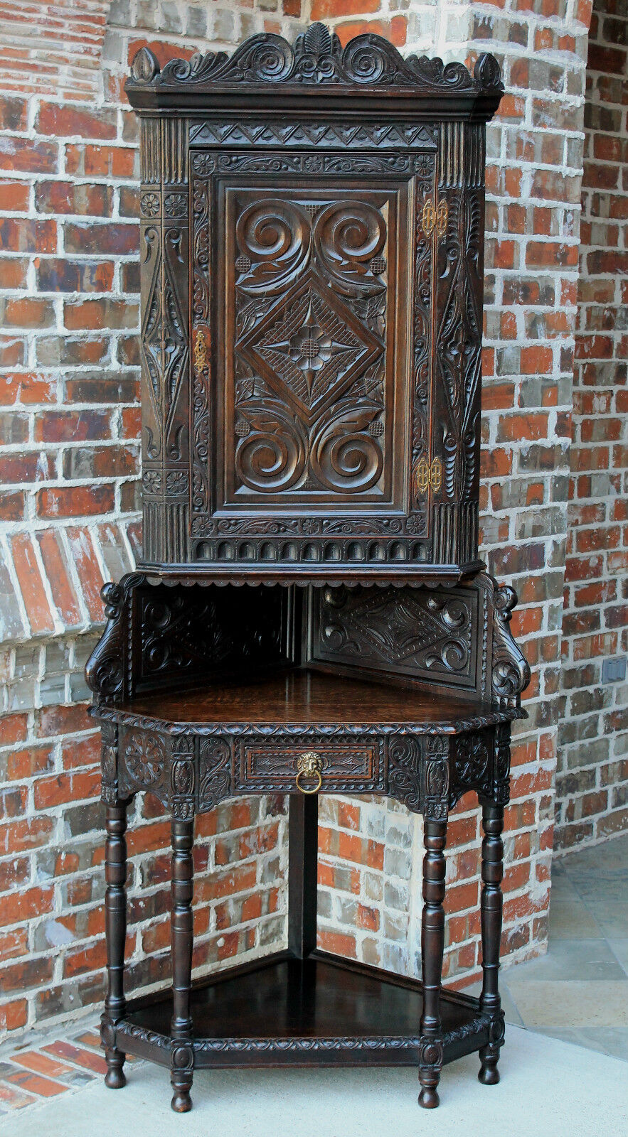 Antique English Oak Renaissance Revival Corner Cabinet Desk Secretary Bookcase 