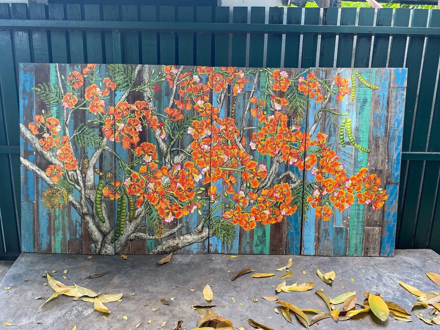 Four-Panel Floral Peacock Tree Mural Painting on Reclaimed Wood