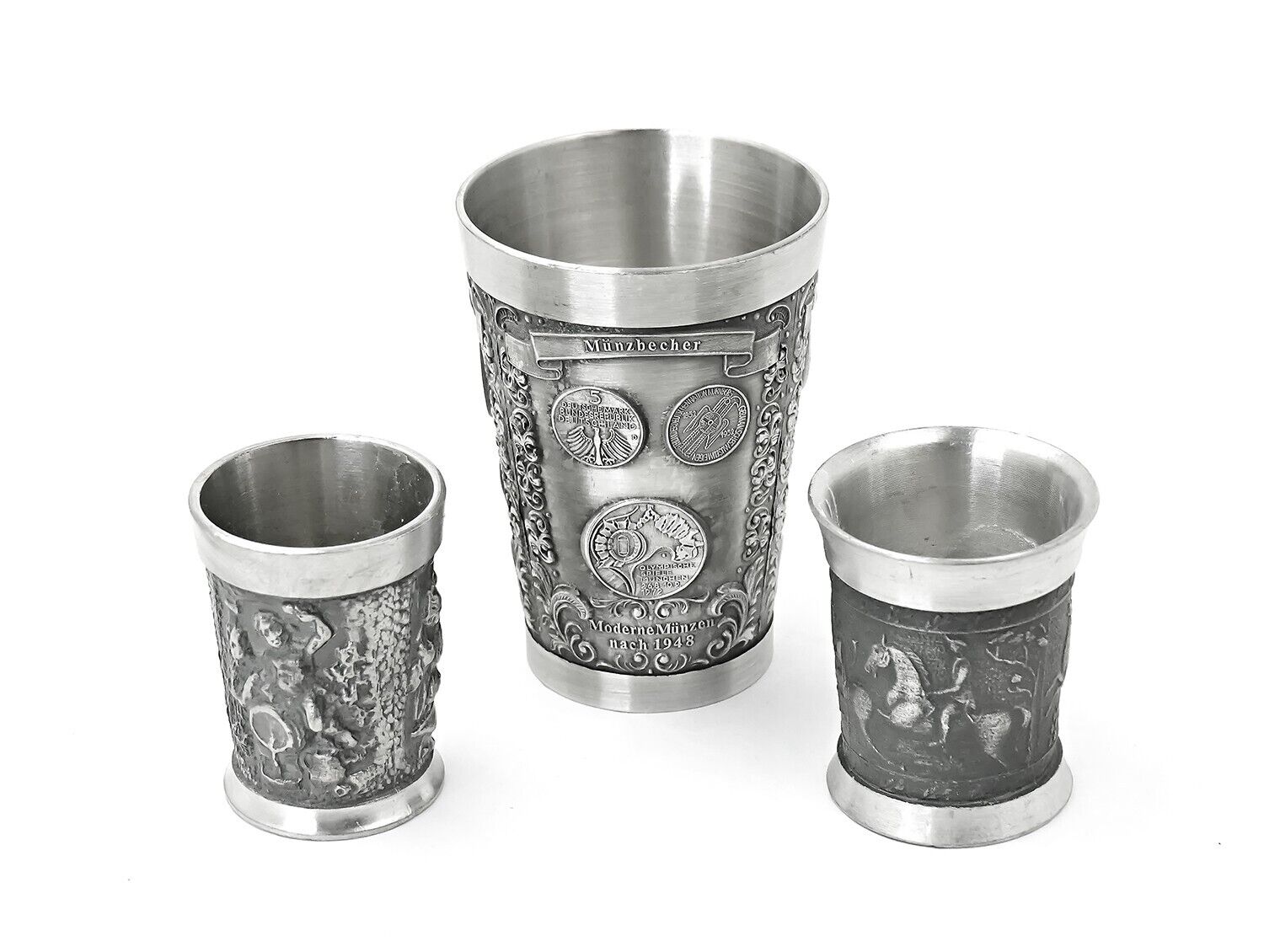 Pewter Cup Set of 3 Embossed with various scenes, Made In Germany  - CP33