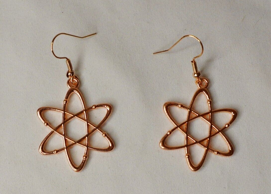 Atomic earrings, copper, rose gold, unique, pendant measures 1 1/4 inches high