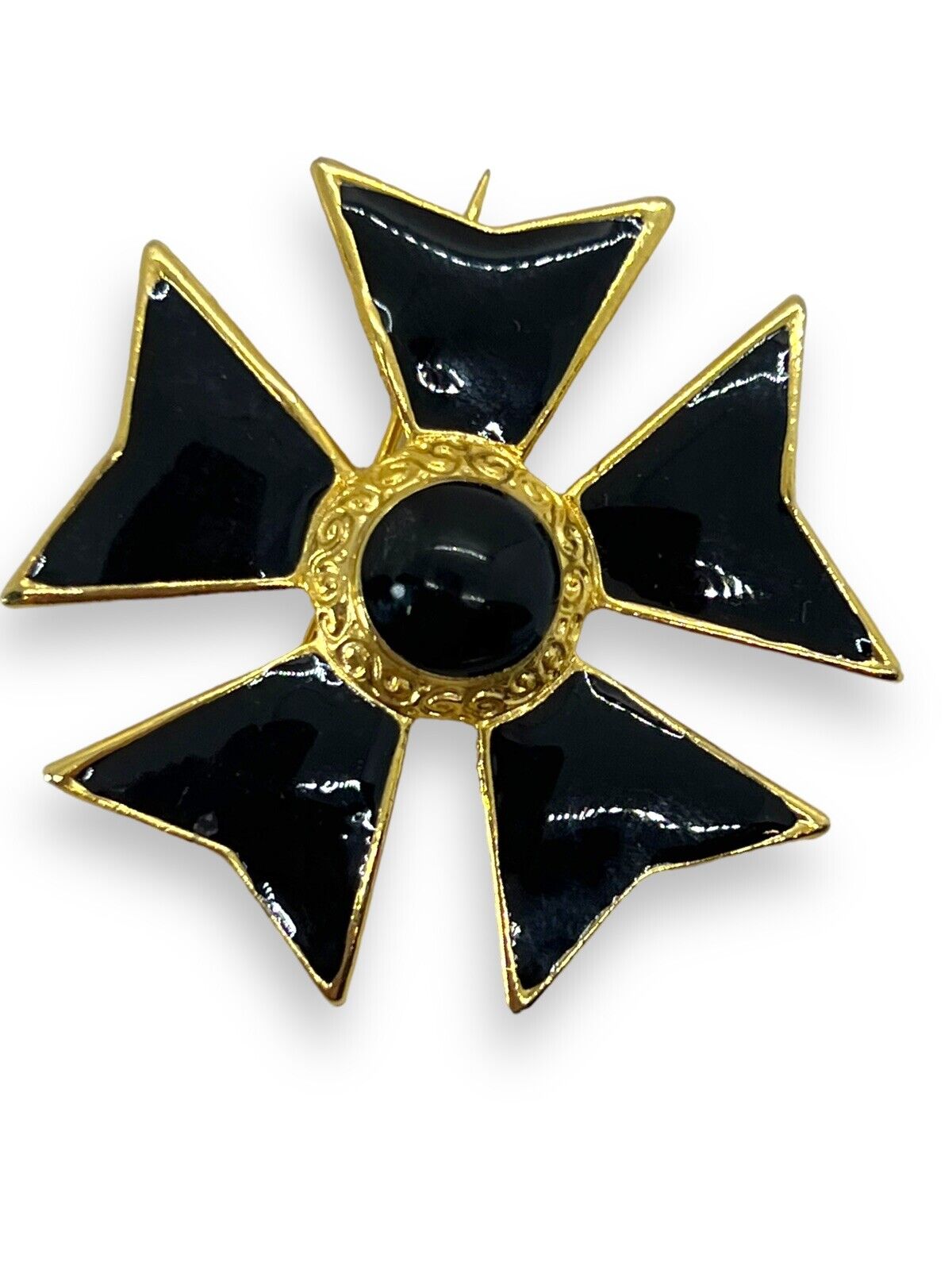Anne Klein Black Enamel & Gold Tone Brooch Maltese Cross Legion Of Honor Style