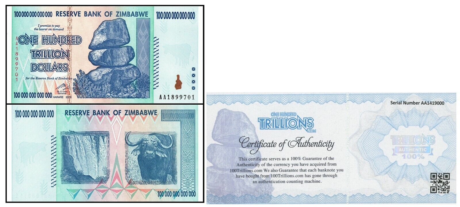 Zimbabwe 100 Trillion Banknote 1 Note AA/2008, P-91 UNC Authenticity Guaranteed