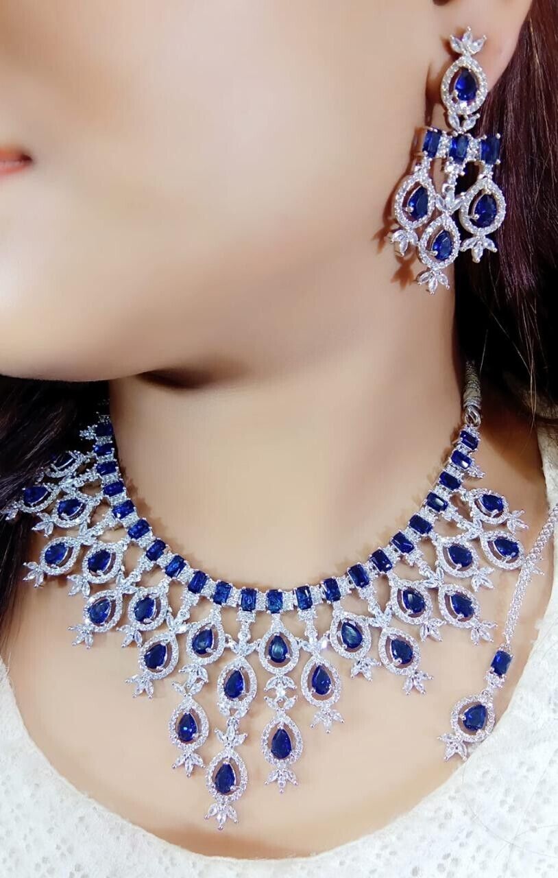 Indian Bollywood Silver Plated  AD CZ Choker Necklace Wedding Bridal Jewelry Set