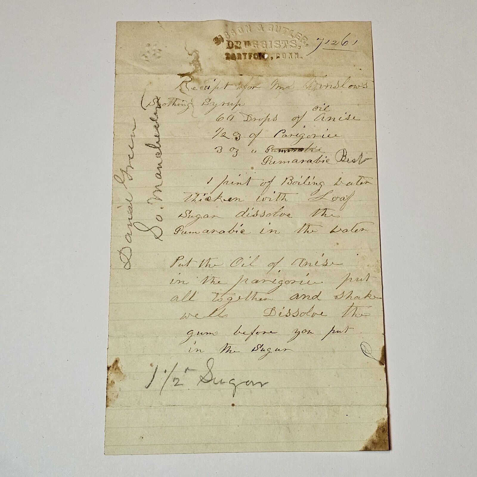 Antique Mrs Winslow’s Soothing Syrup Medicine Recipe Receipt 19th Century 