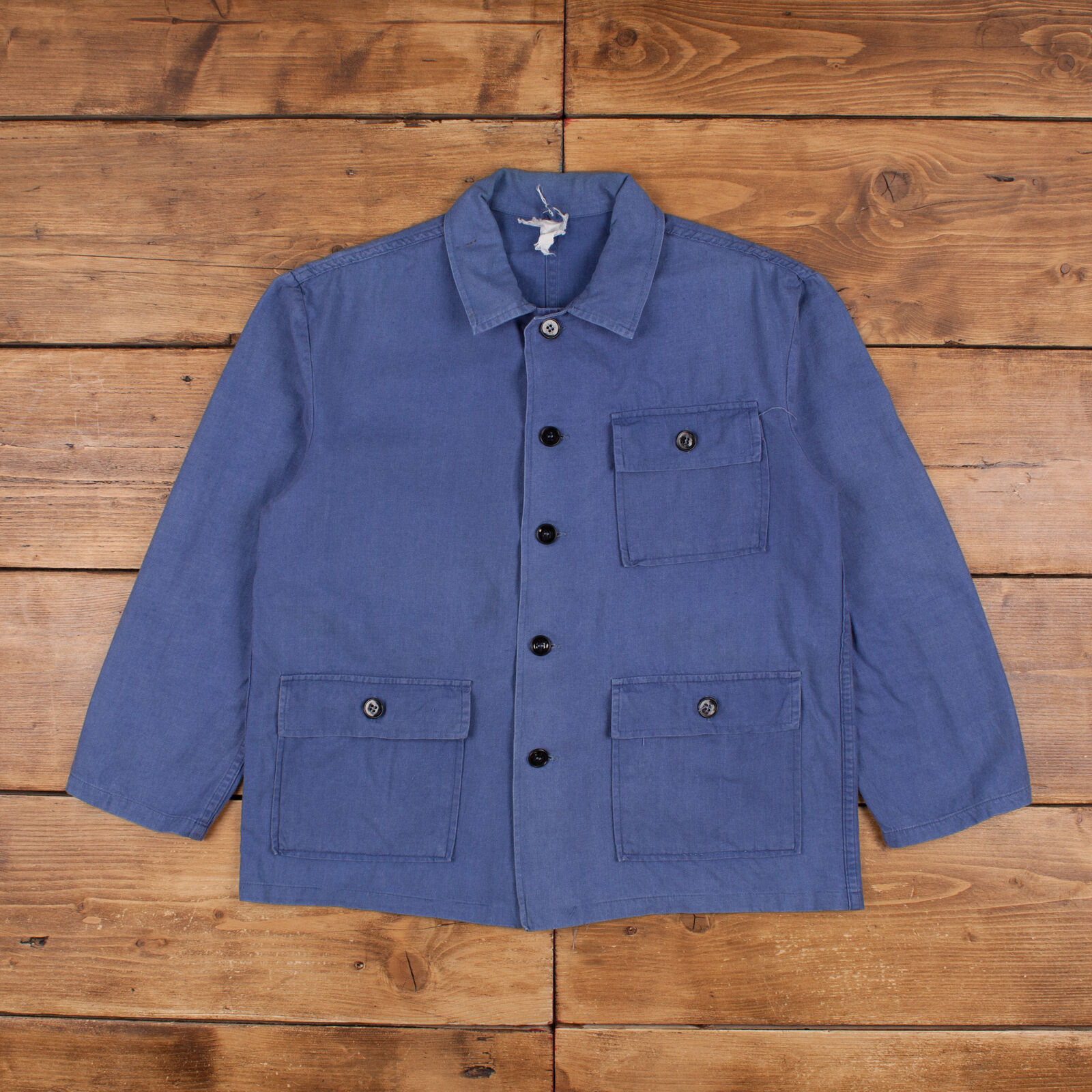 Vintage French Workwear Jacket L 80s Blue Button Chore Utility Cotton