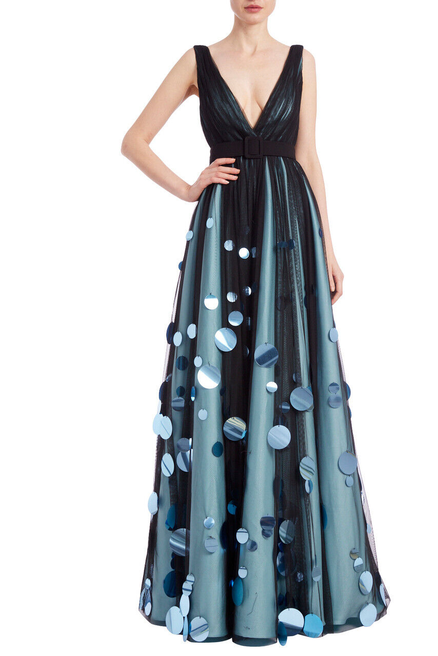 Badgley Mischka $1,400 Exceptional  Gown Paillettes Skirt BLACK/AQUA sz 0,2,4,6