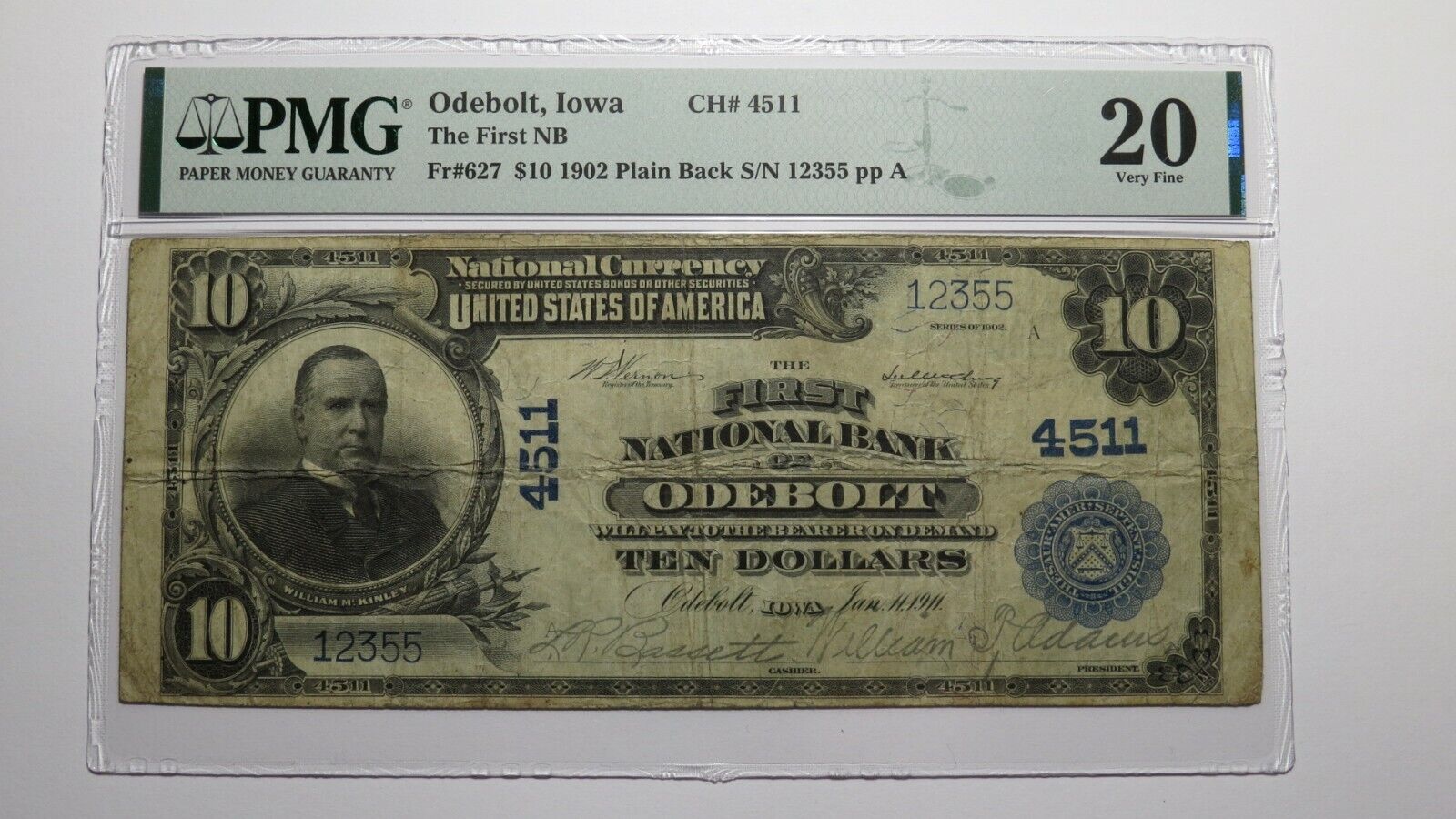 $10 1902 Odebolt Iowa IA National Currency Bank Note Bill Ch. #4511 VF20 PMG